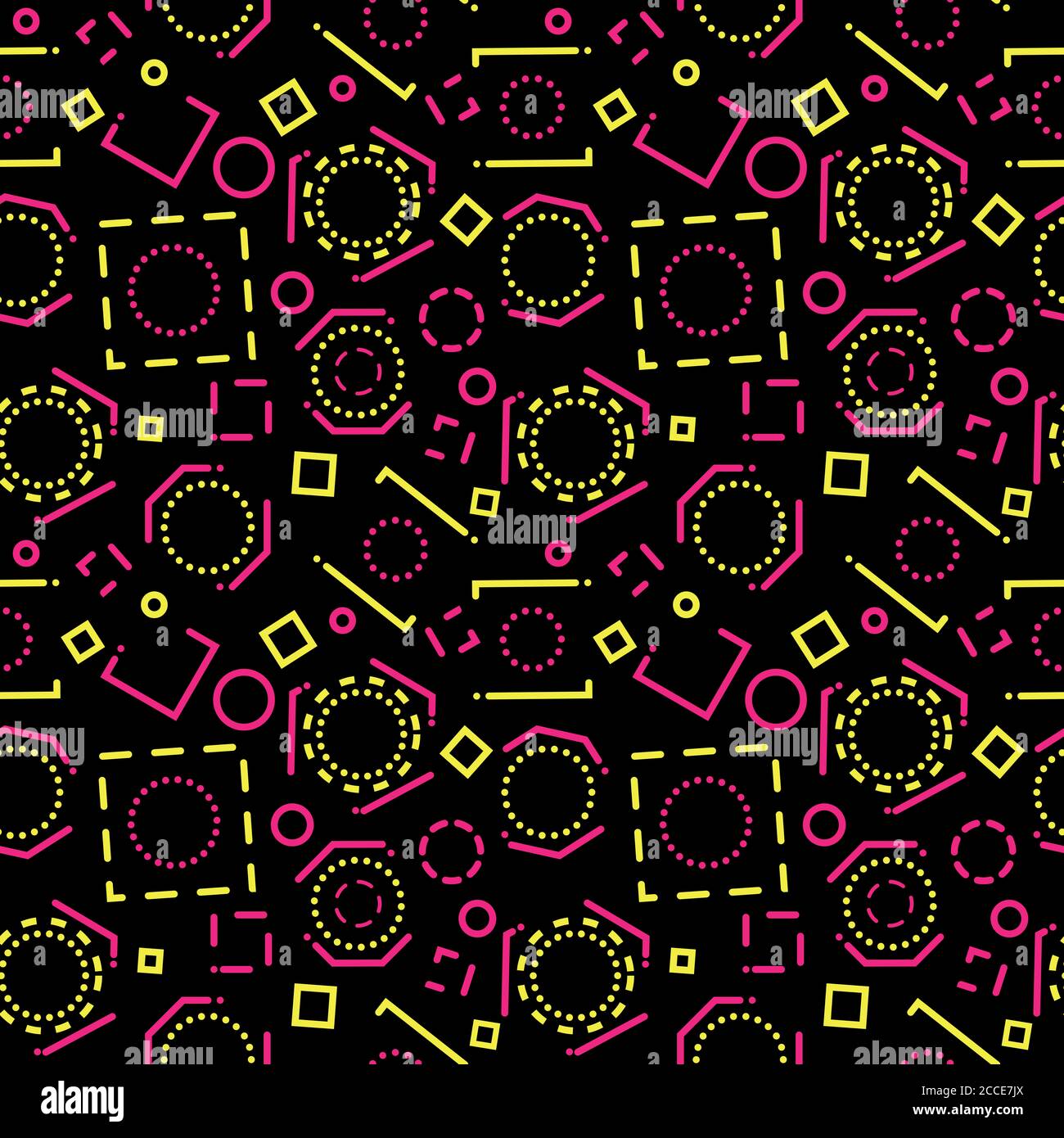 Abstract background with pink-yellow geometric shapes, circles, squares and lines on black background. Minimal seamless pattern cover template design Stock Photo