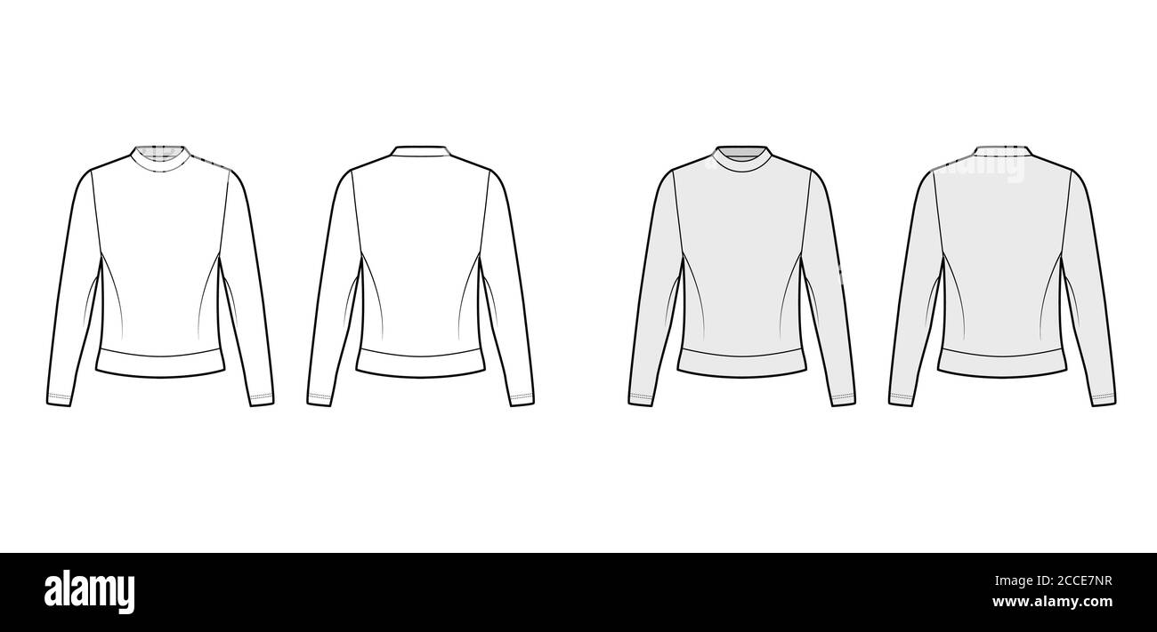 Cotton-terry sweatshirt technical fashion illustration with crew neckline, long sleeves, oversized. Flat jumper apparel outwear template front, back white, grey color. Women, men unisex top CAD mockup Stock Vector