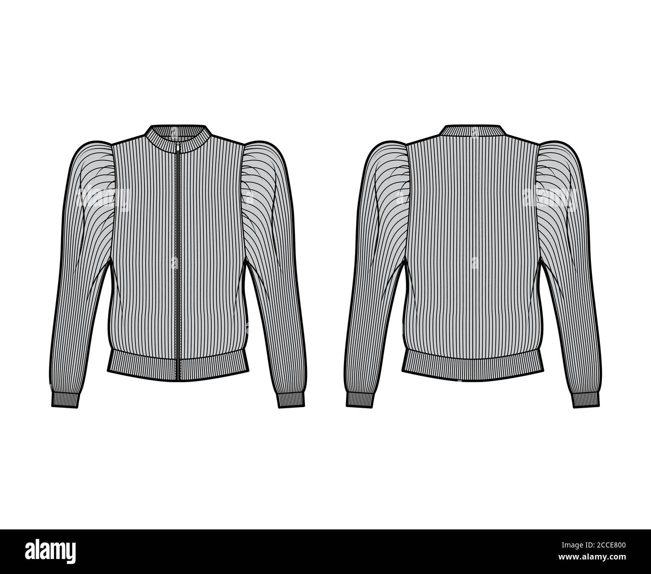 Zip-up ribbed cotton-jersey sweatshirt technical fashion illustration with gathered, puffy long sleeves, relaxed fit. Flat jumper apparel template front, back grey color. Women men unisex top knit CAD Stock Vector