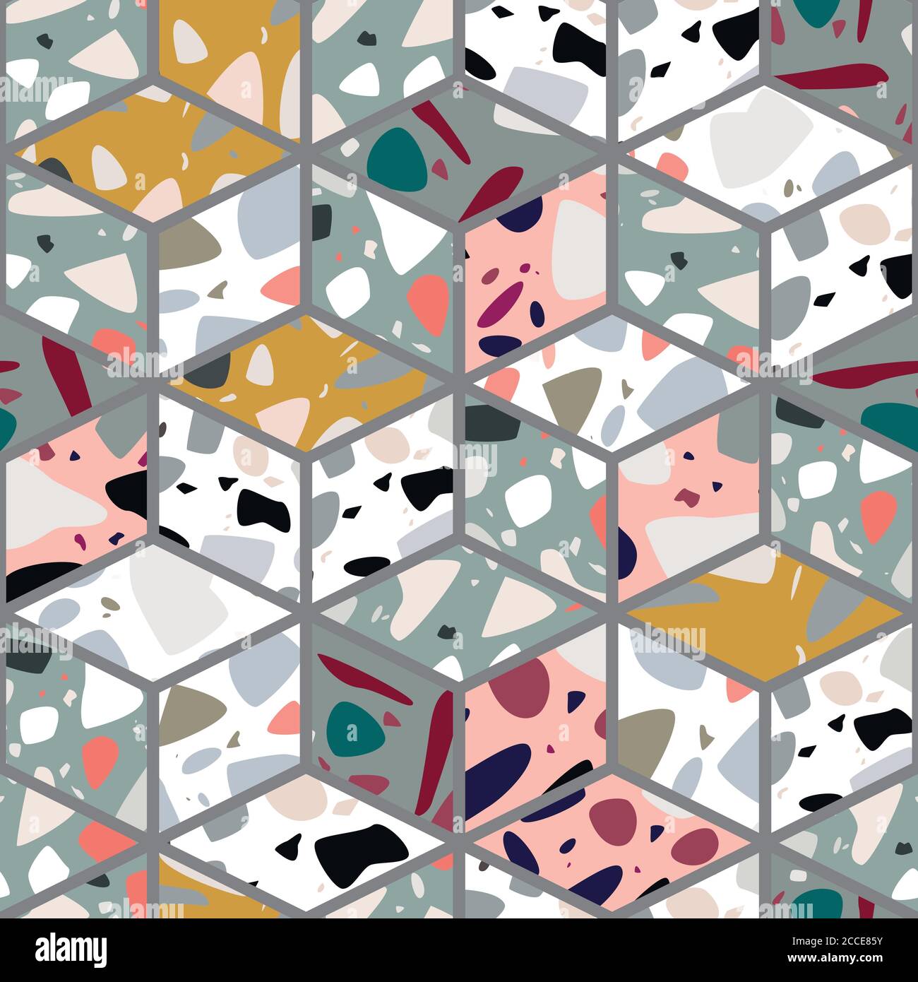 Terrazzo seamless pattern design with hand drawn rocks with honeycomb ...