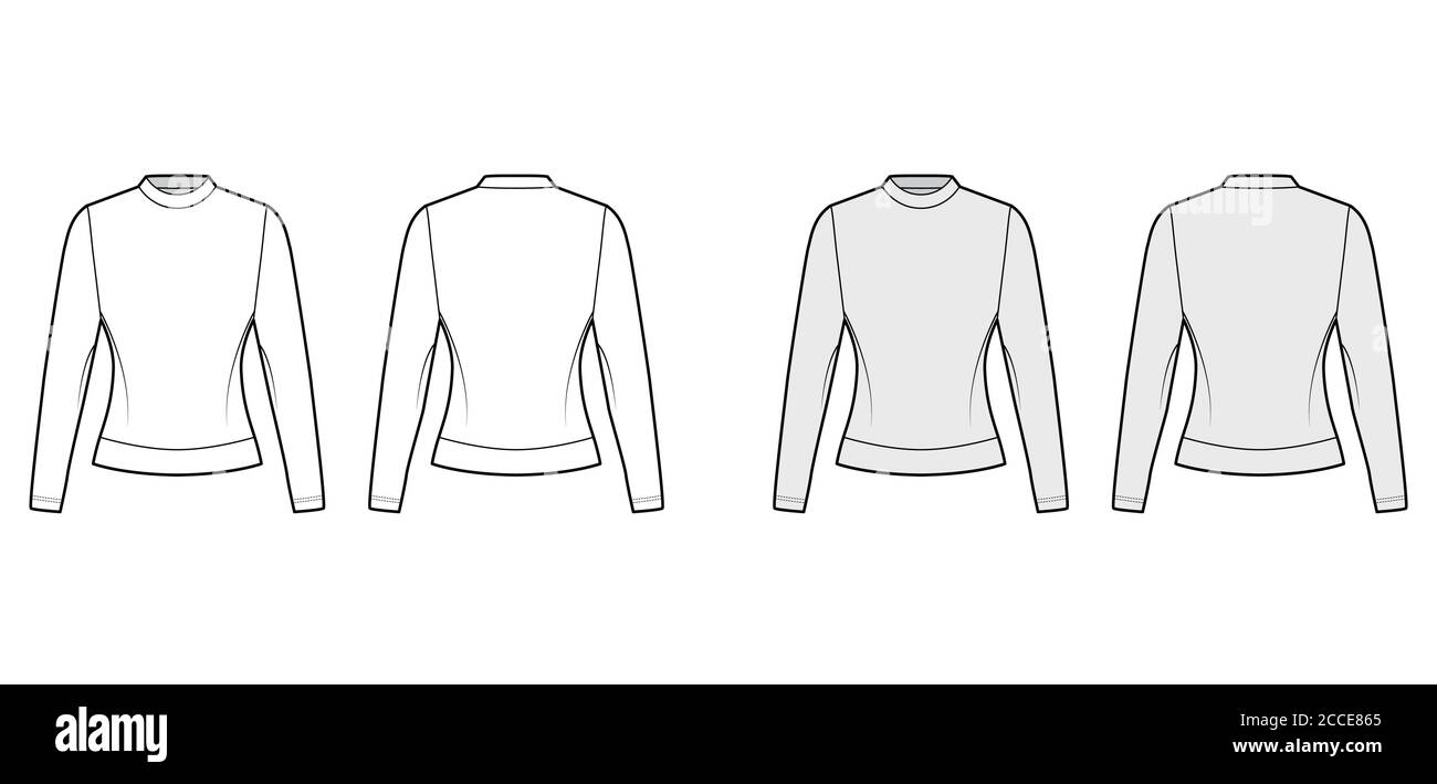 Cotton-terry sweatshirt technical fashion illustration with fitted body, crew neckline, long sleeves. Flat jumper apparel outwear template front, back white, grey color. Women, men, unisex top mockup Stock Vector