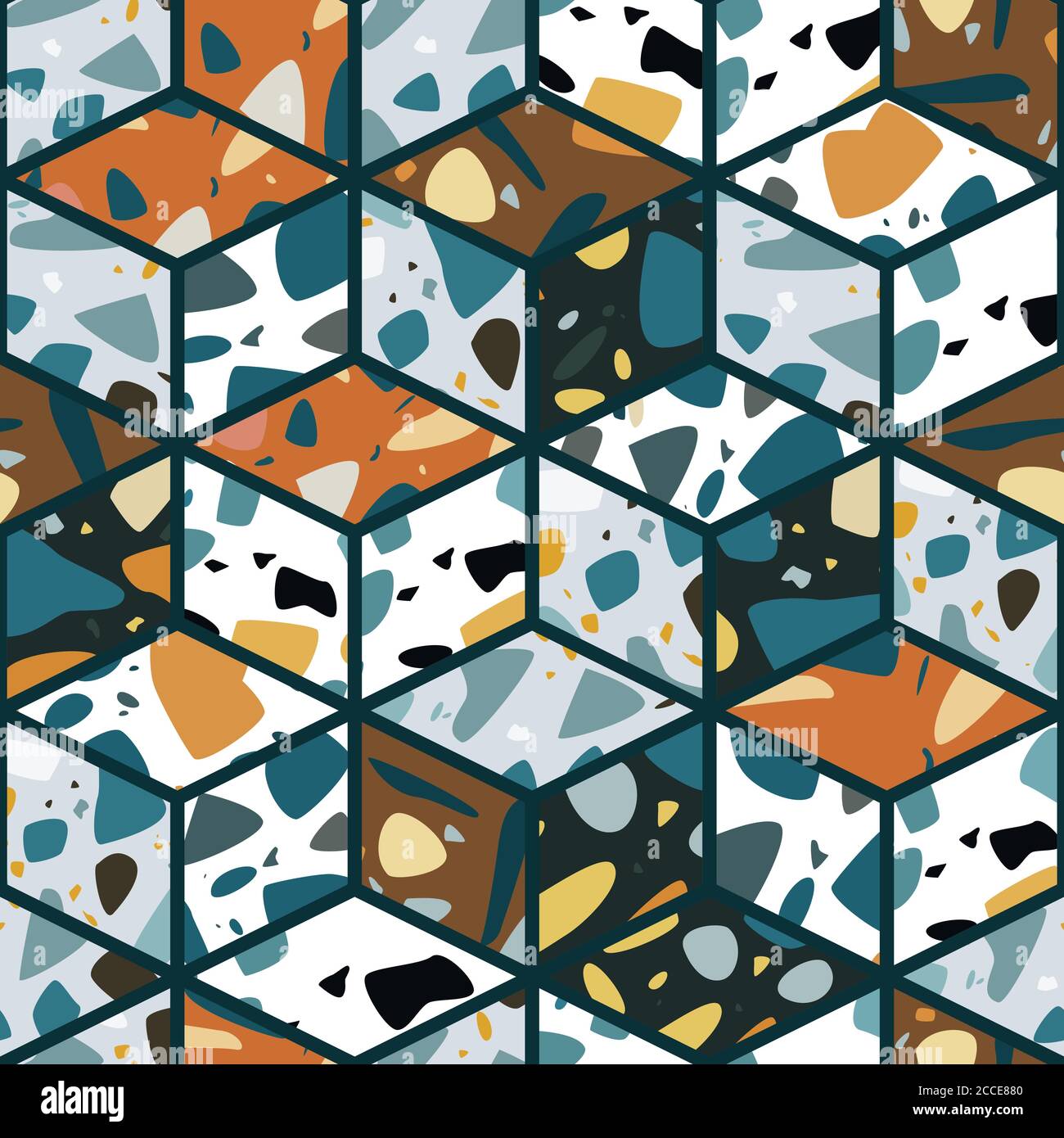 Terrazzo seamless pattern design with hand drawn rocks with honeycomb ...