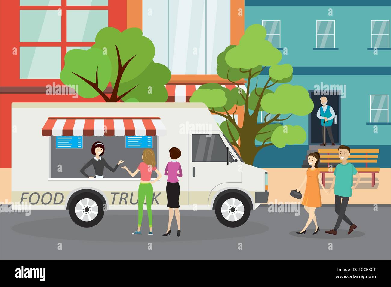Food truck on city street,pedestrians are walking, flat vector illustration Stock Vector