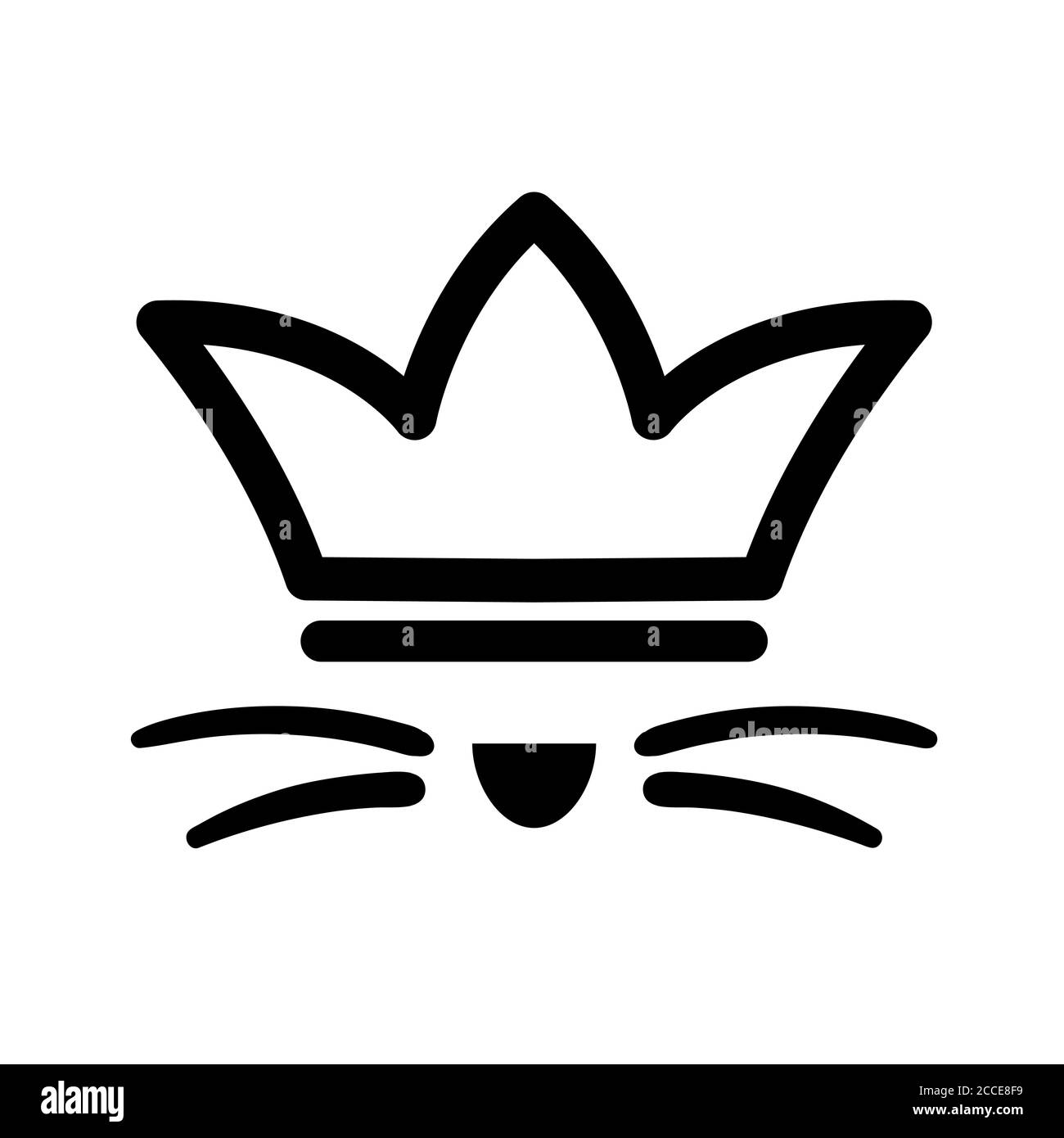 Pet with whisker in crown logo. Royal cat black sign on white background. Cute kitty happy in luxury style. Line drawing animal head king. Kingdom animals icon element vector. Stock Vector