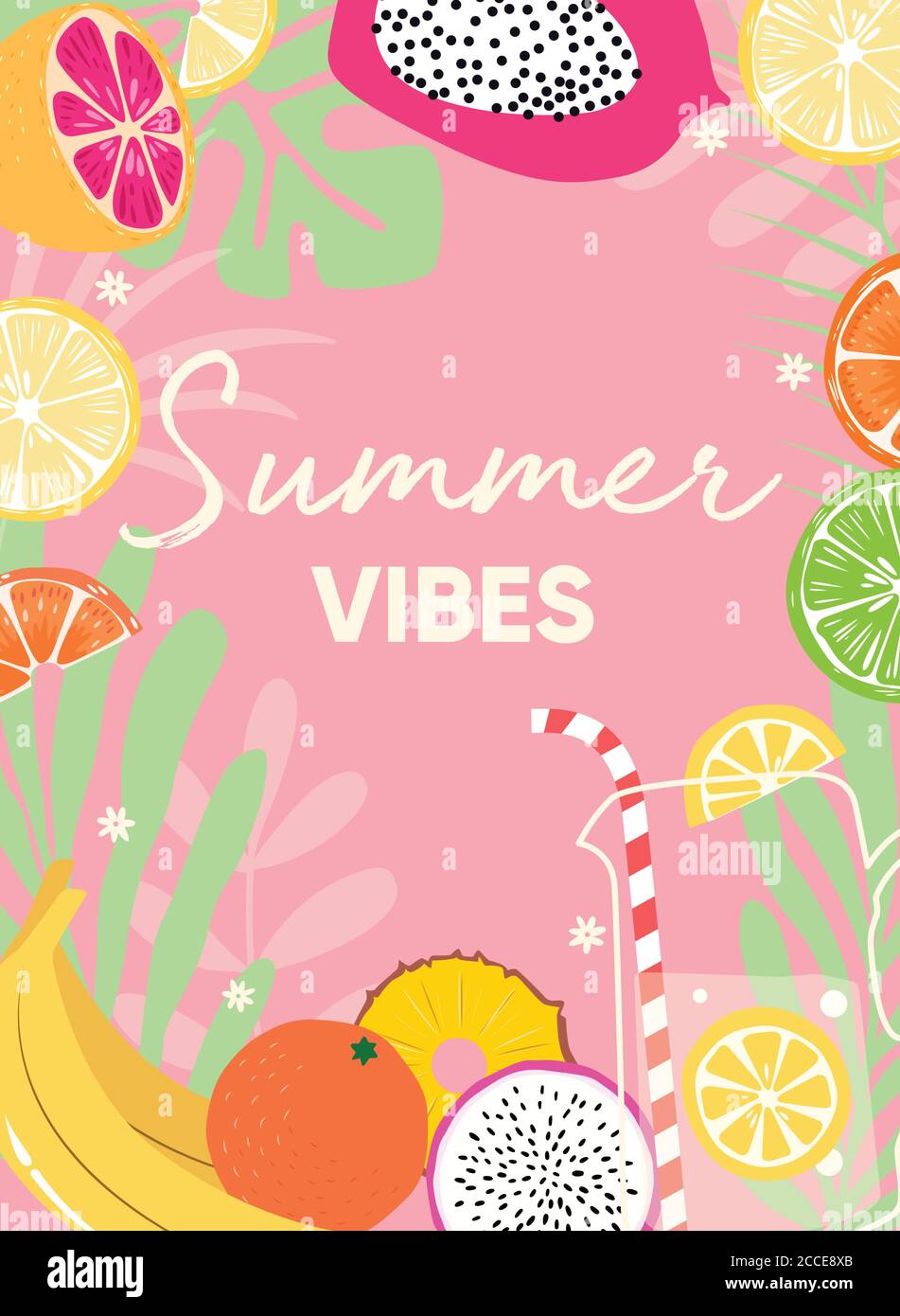 Fruit design with summer vibes typography slogan and fresh fruit and lemonade on pink background. Collection of tropical fruits and plants. Colorful f Stock Vector