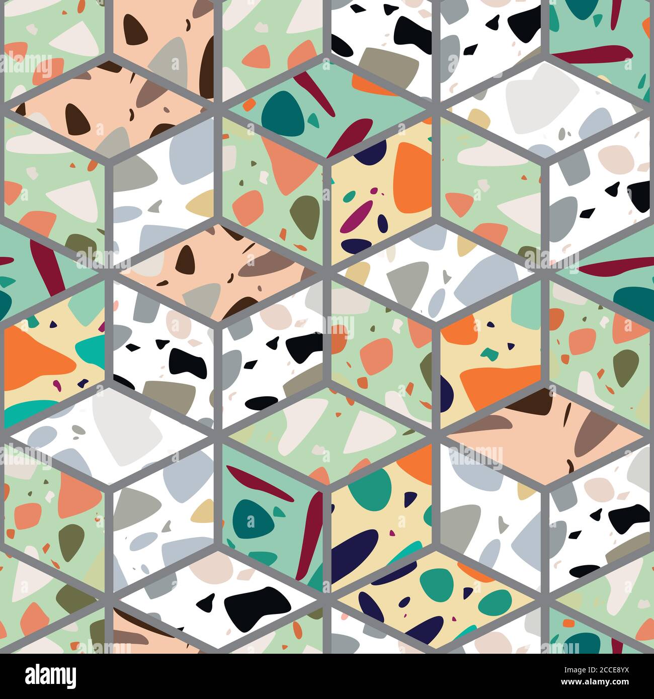 Terrazzo seamless pattern design with hand drawn rocks with honeycomb ...