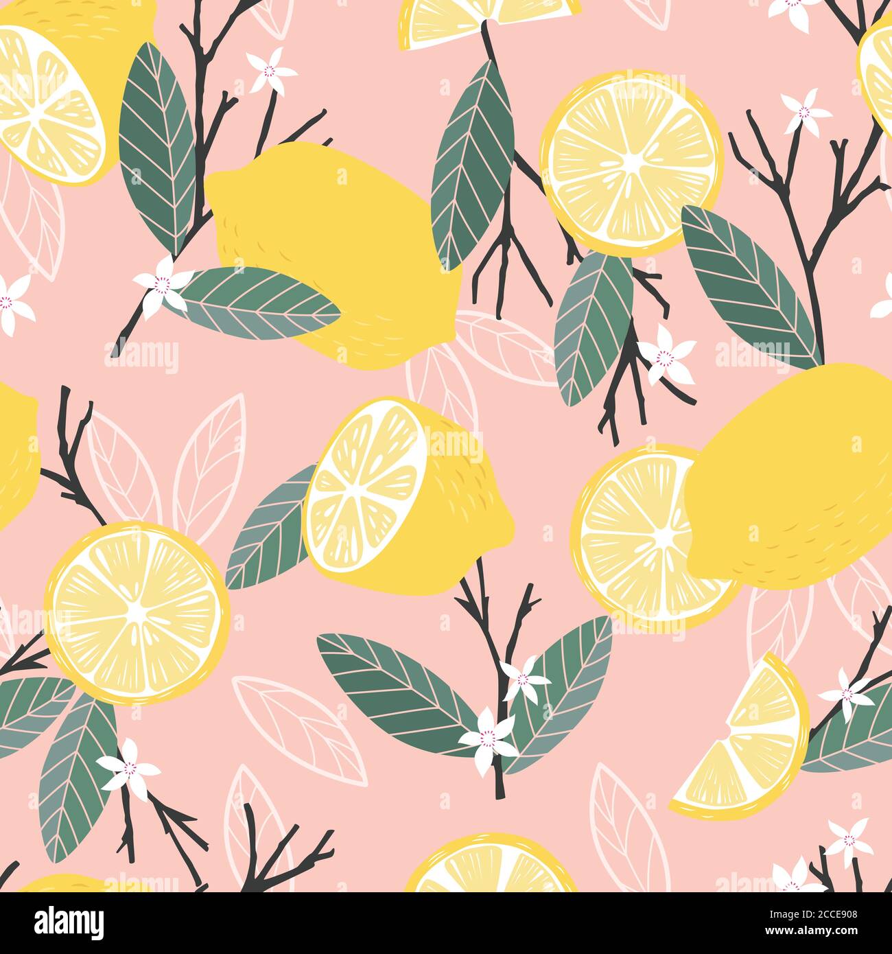 Fruit seamless pattern, lemons with branches and leaves on pink ...