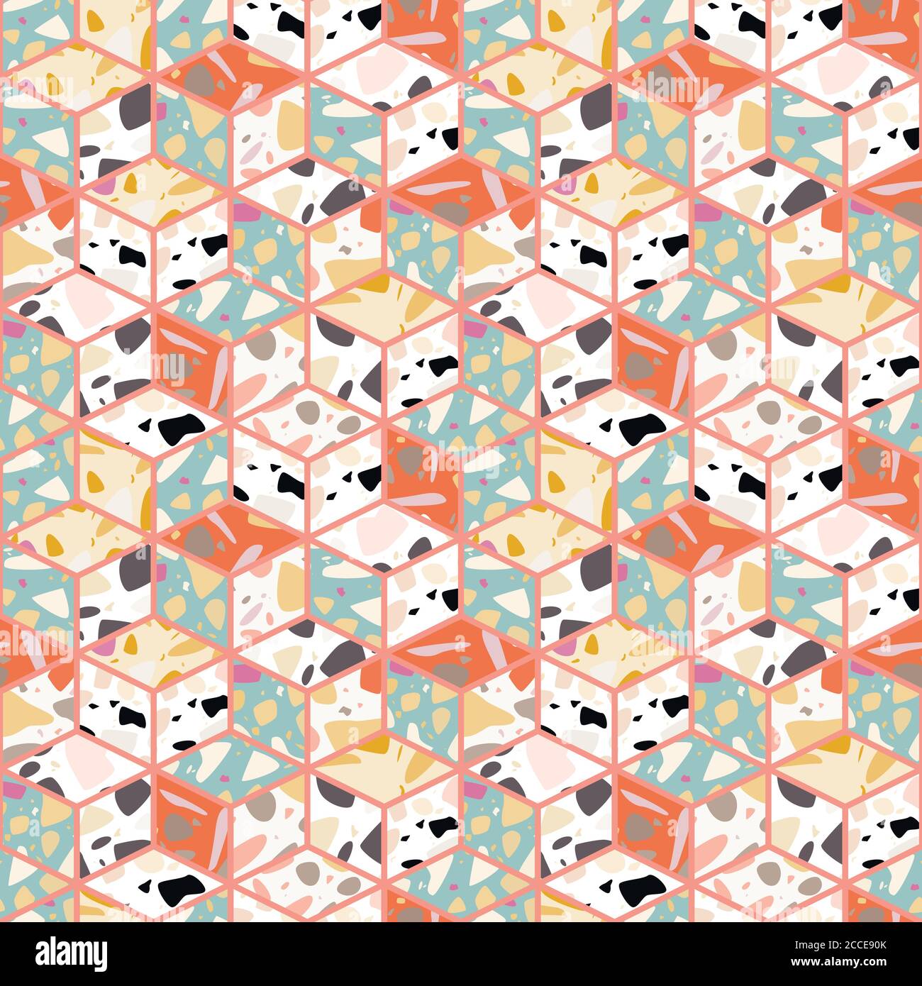 Terrazzo seamless pattern design with hand drawn rocks with honeycomb ...