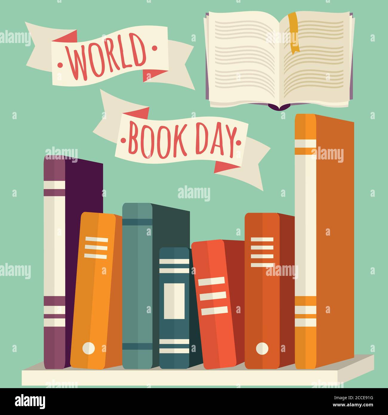 World book day, books on shelf with festive banner, vector illustration