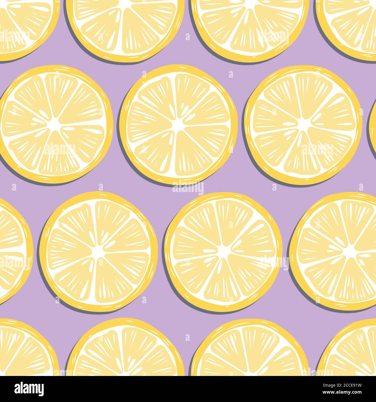Fruit seamless pattern, lemon slices with shadow on purple background ...