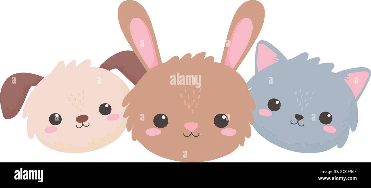 cute rabbit cat dog faces hearts adorable cartoon animals vector ...