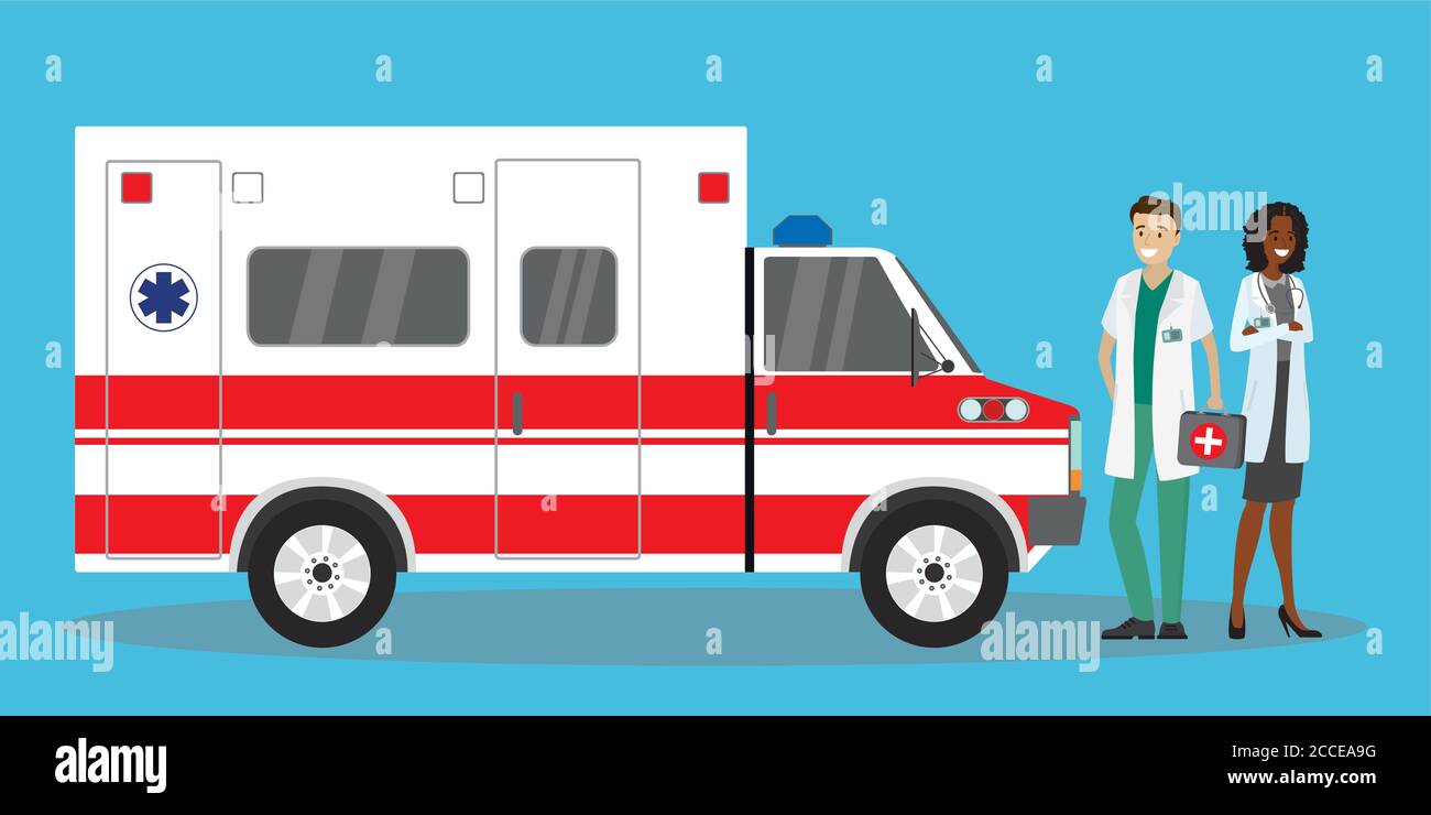 Two paramedics workers near ambulance car,modern emergency auto, flat vector illustration Stock