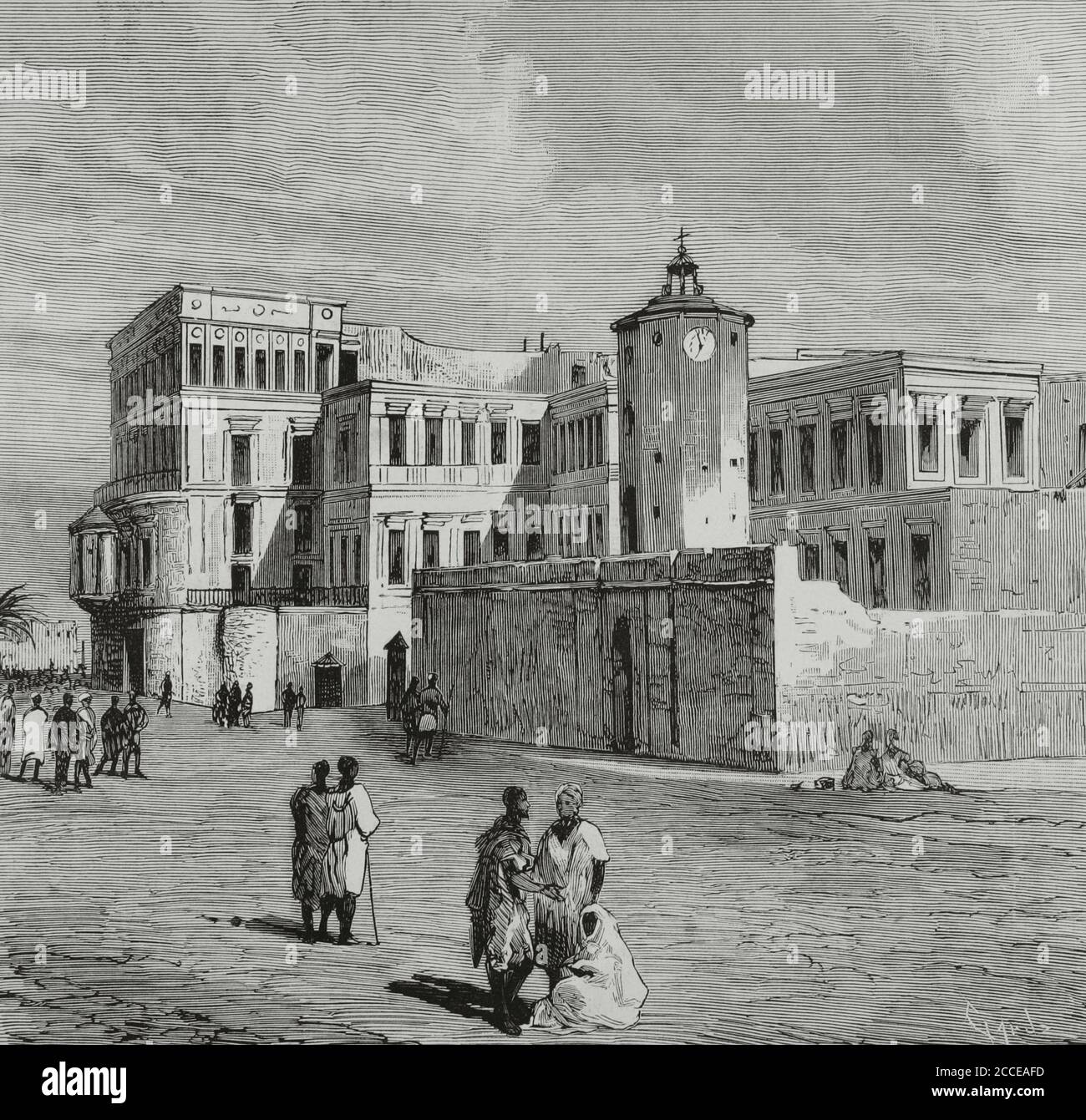 Tunisia, Tunis. Bardo Palace. Royal residence of the monarch or Bey. Engraving by Tomás Carlos Capuz (1834-1899). La Ilustracion Española y Americana, 1881. Stock Photo