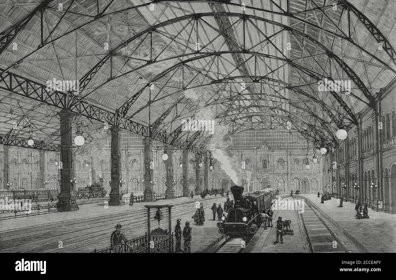 Germany, Bavaria, Munich. Interior of the new Central railway station. Engraving by Ovejero. La Ilustracion Española y Americana, 1881. Stock Photo