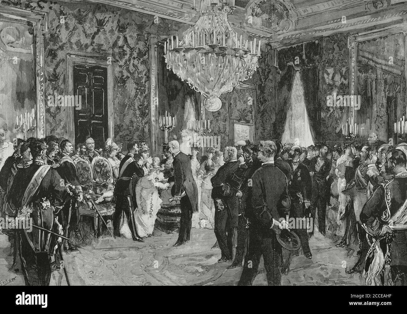 Spain, Madrid. Royal Palace. Ceremony of imposing the insignia of the Cross of the Victory to the Princess of Asturias, on the April 9, 1881. The King and Queen (Alfonso XII and Maria Cristina of Habsburg-Lorraine), the Infanta of Spain and Princess of Asturias Maria de las Mercedes, in the arms of their august mother, and infantas Isabel, Paz and Elulalia are present. Life drawing by Ferrant. Engraving by Bernardo Rico (1825-1894). La Ilustracion Española y Americana, 1881. Stock Photo
