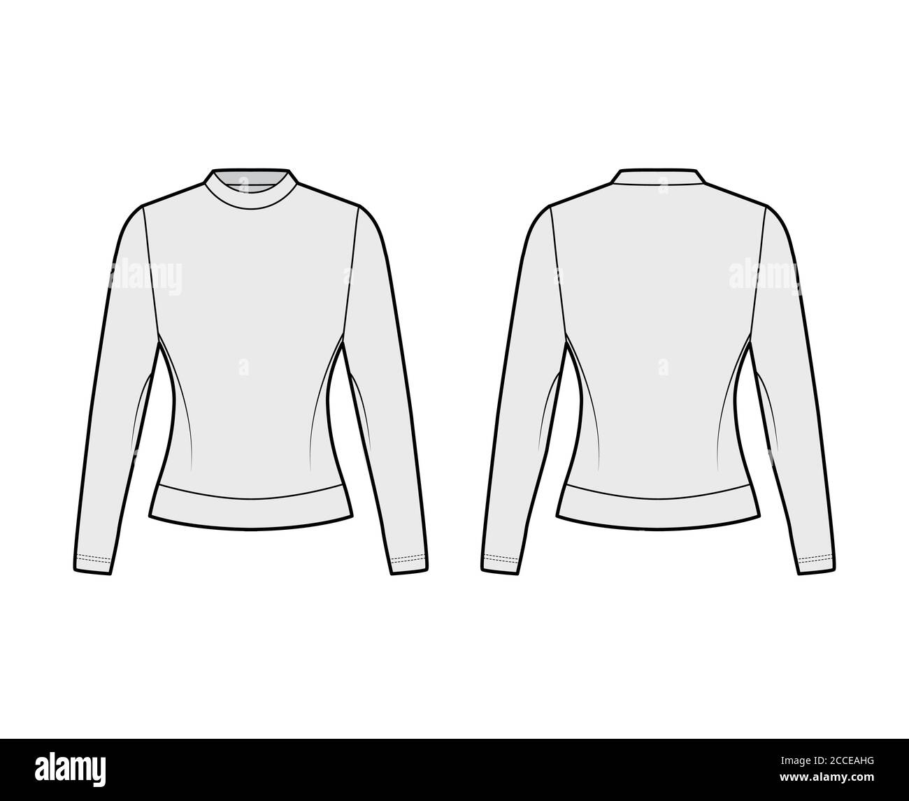 Cotton-terry sweatshirt technical fashion illustration with fitted body, crew neckline, long sleeves. Flat jumper apparel outwear template front, back, grey color. Women, men, unisex top CAD mockup Stock Vector