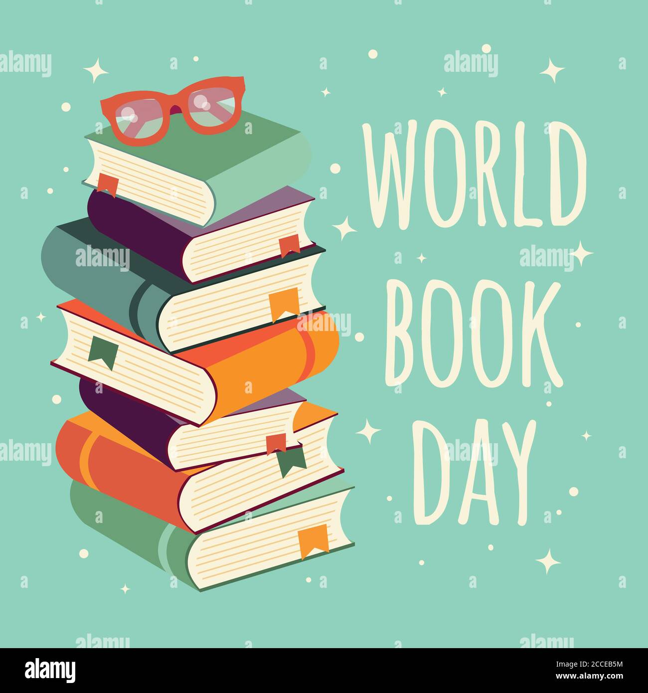 World book day, stack of books with glasses on mint background, vector ...