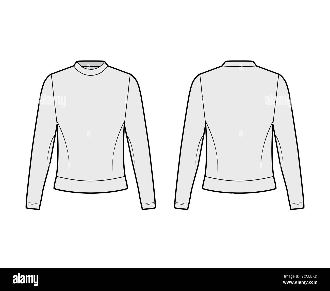 Cotton-terry sweatshirt technical fashion illustration with crew neckline, long sleeves, oversized. Flat jumper apparel outwear template front, back, grey color. Women, men, unisex top CAD mockup Stock Vector