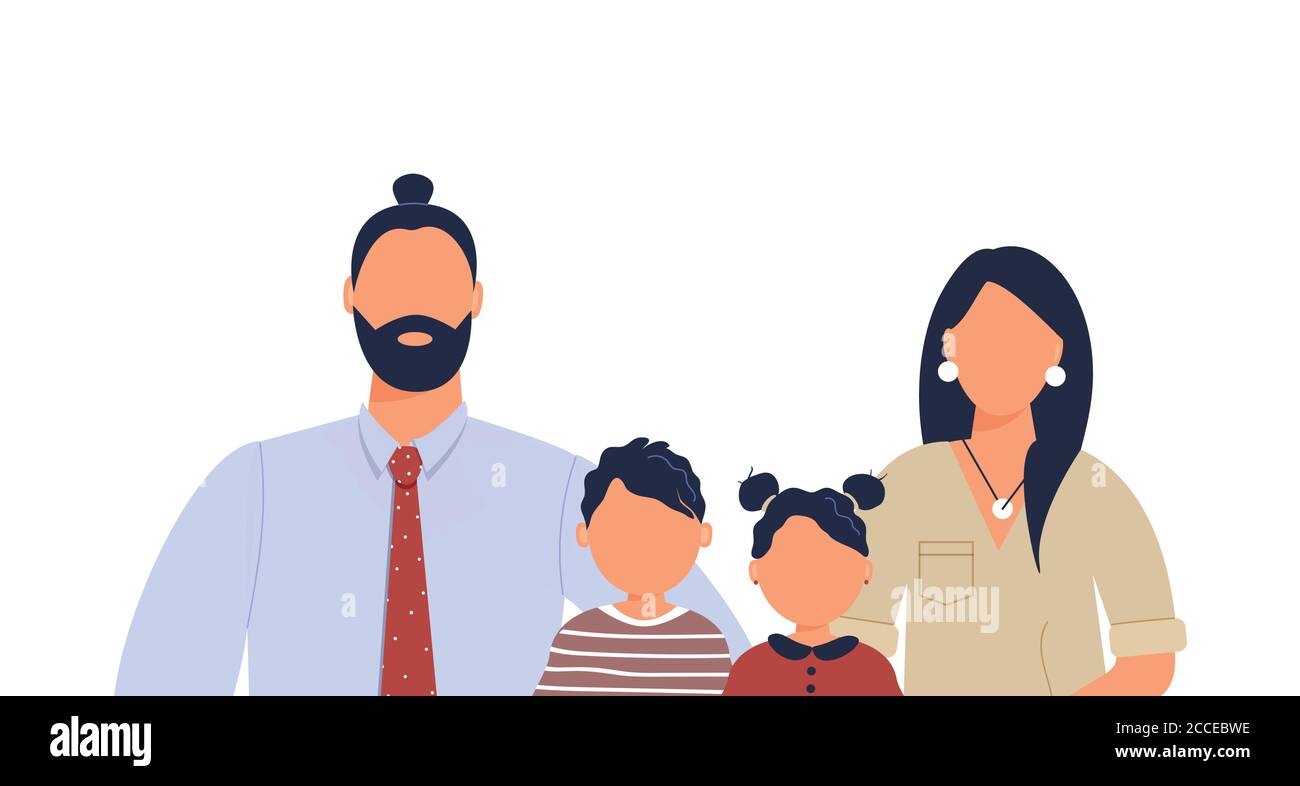 Happy cute family portrait of parents and kids: hipster father, mother, son and daughter isolated on white background. Family of four members Stock Vector