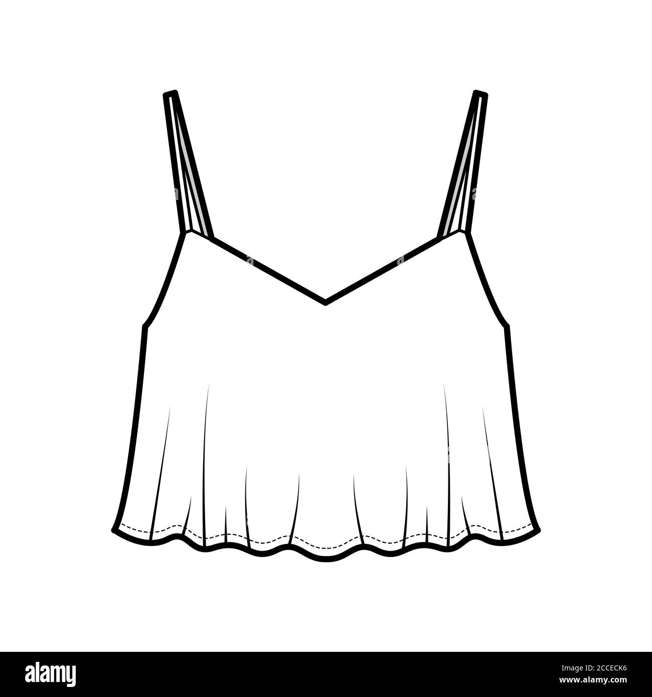 Cropped camisole top technical fashion illustration with sweetheart neck, flare hem, loose silhouette, adjustable straps. Flat tank apparel template front white color. Women men unisex CAD mockup Stock Vector