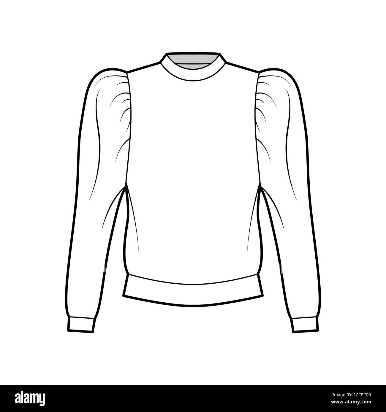 Cotton-jersey sweatshirt technical fashion illustration with relaxed fit, crew neckline, gathered, puffy long sleeves. Flat jumper apparel template front, white color. Women, men unisex top CAD mockup Stock Vector