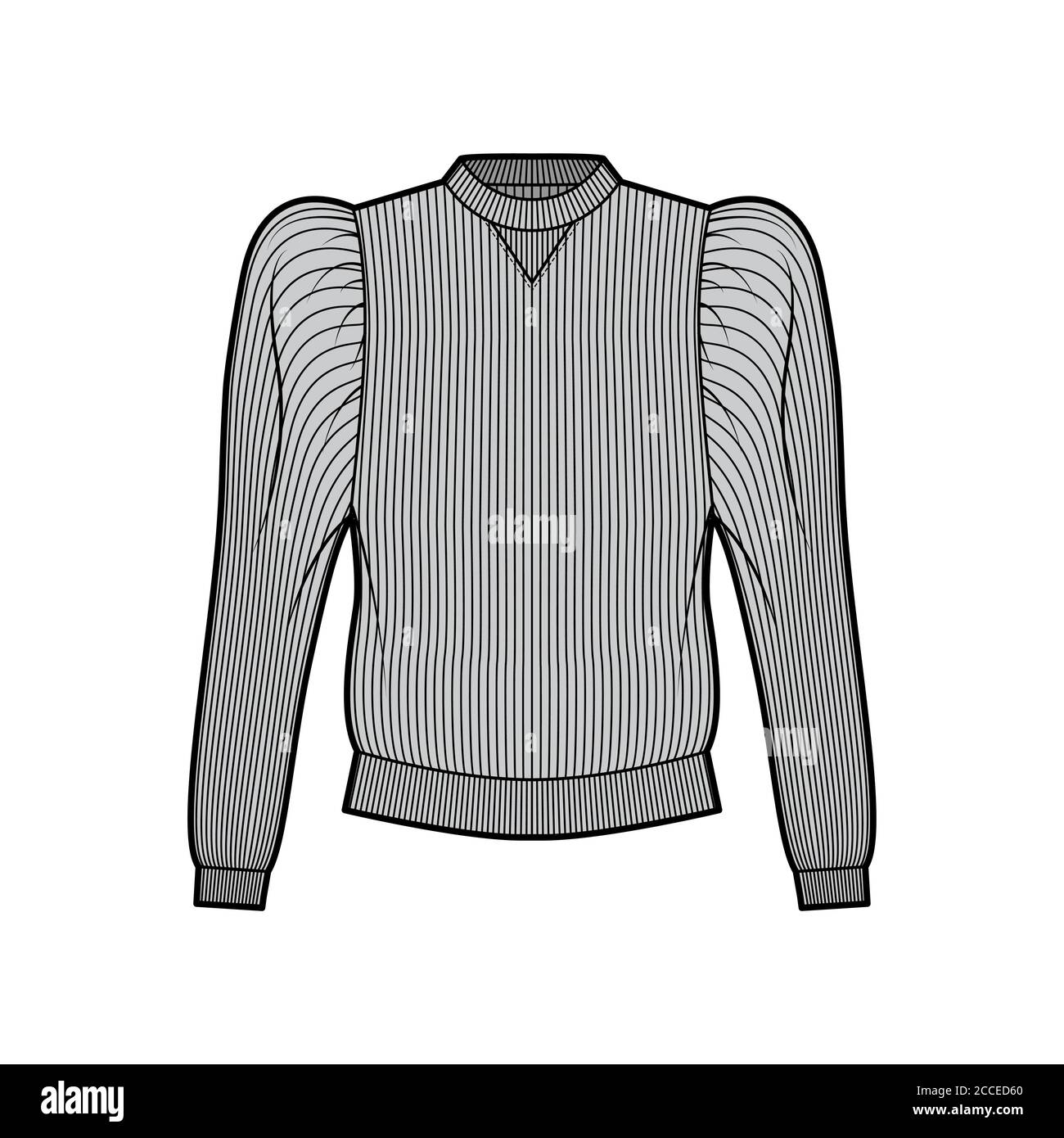 Ribbed cotton-jersey sweatshirt technical fashion illustration with gathered, puffy long sleeves, relaxed fit. Flat jumper apparel template front, grey color. Women men unisex top knit CAD mockup Stock Vector