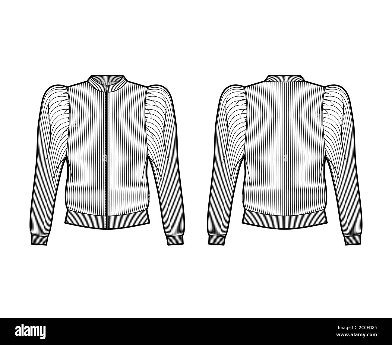 Zip-up ribbed cotton-jersey sweatshirt technical fashion illustration with gathered, puffy long sleeves, relaxed fit. Flat jumper apparel template front back white color. Women men unisex top knit CAD Stock Vector