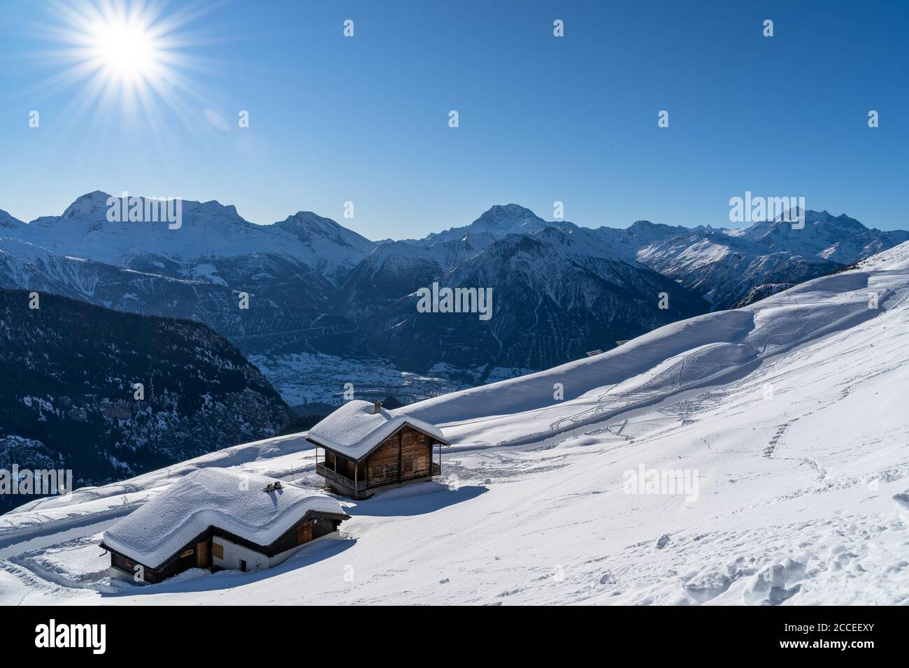 Europe, Switzerland, Valais, Belalp, view of the Lepontine Alps with the Simplon Pass Stock Photo