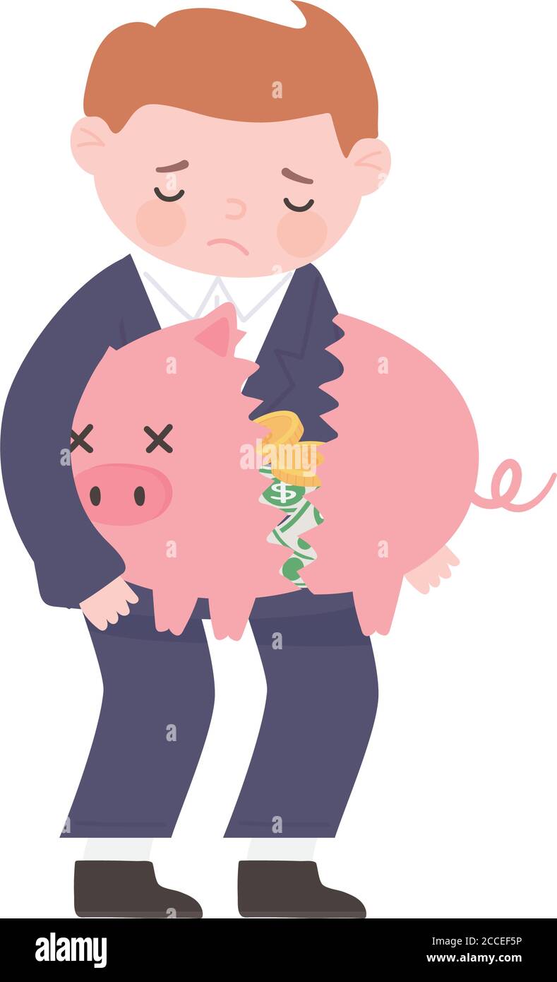 bankruptcy sad businessman holding broken piggy bank with money ...