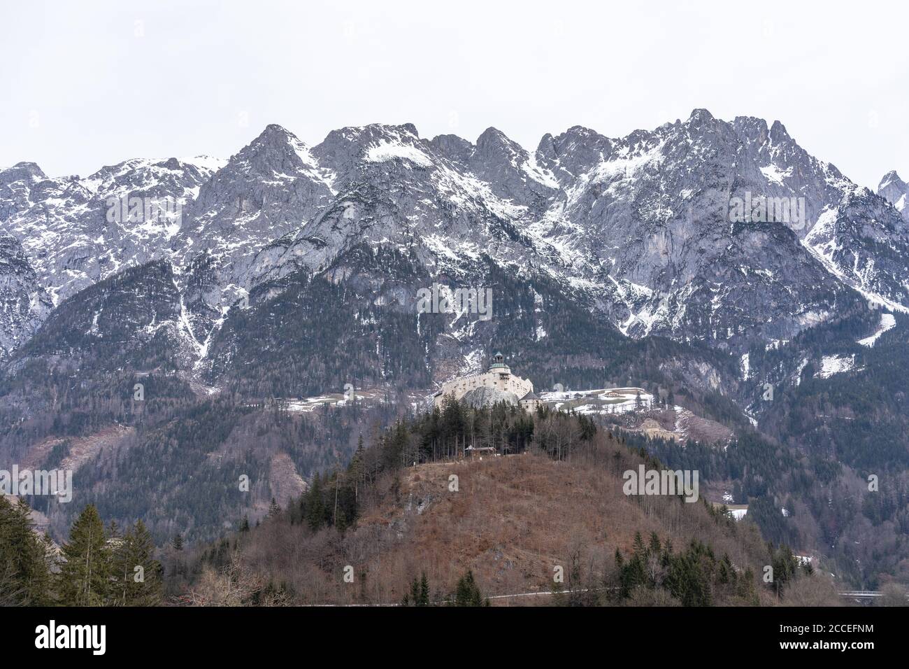 Europe, Austria, Salzburg State, Werfen, view of Hohenwerfen Castle in Salzburg State against the backdrop of the Tennen Mountains Stock Photo