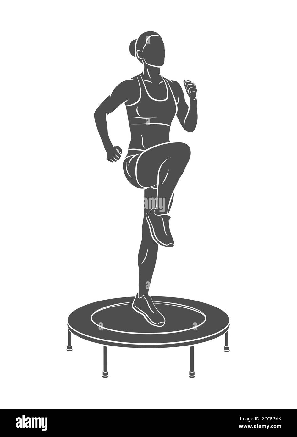 Woman jumping on trampoline. Young fitness girl trains on a mini trampoline Stock Vector