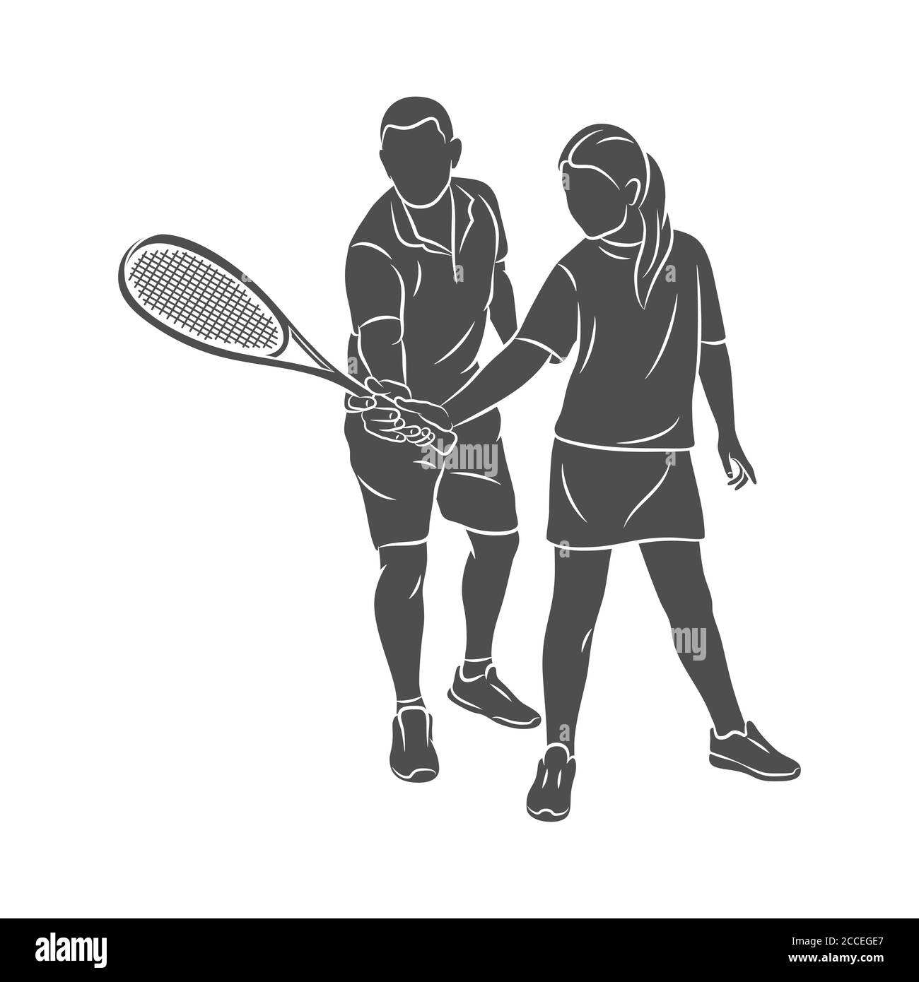 Trainer helps a young woman do an exercise with a racket on her right hand in squash Stock Vector