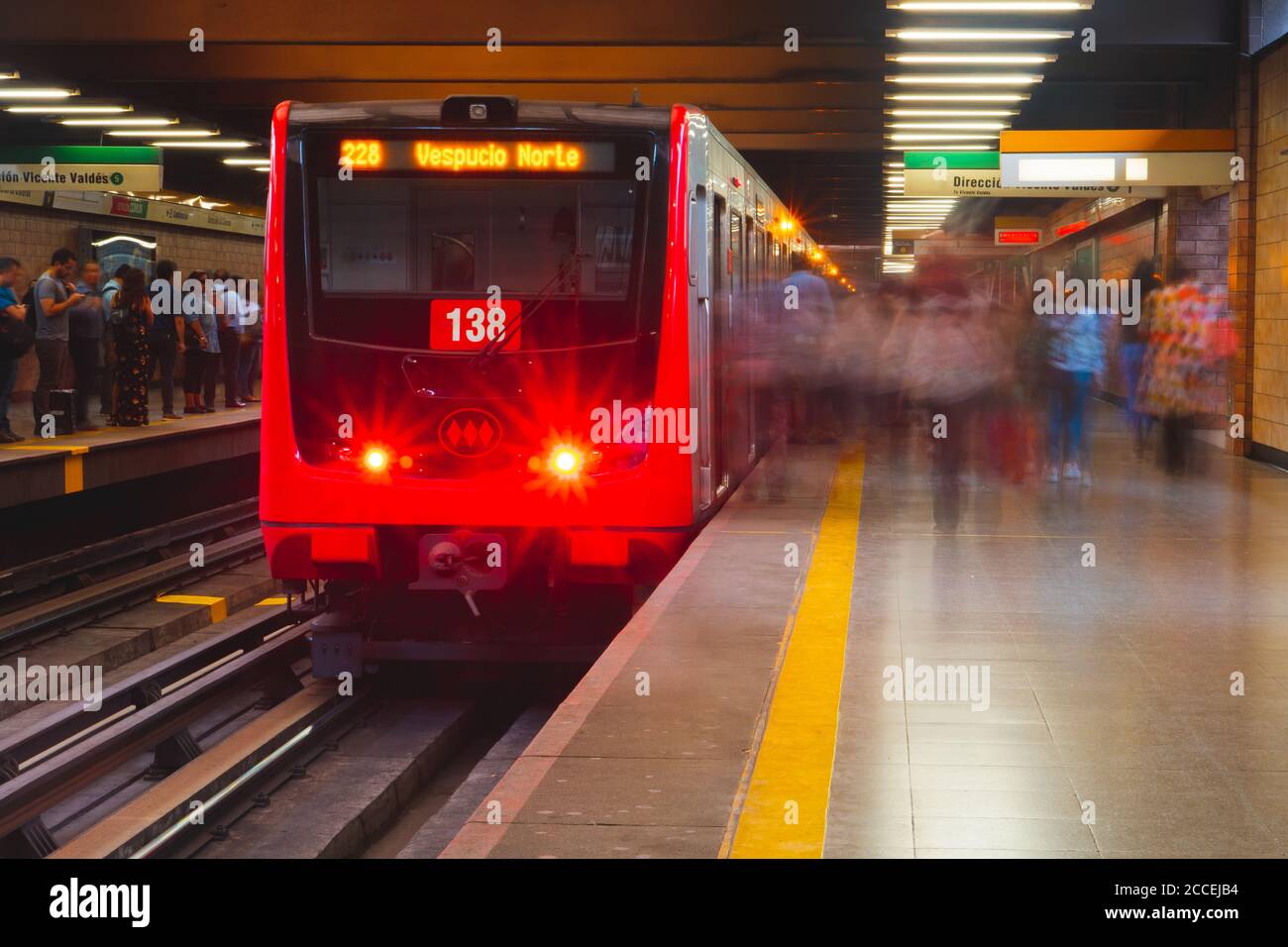 SANTIAGO, CHILE - FEBRUARY 2020: A Metro de Santiago train at Santa Ana L2 Stock Photo