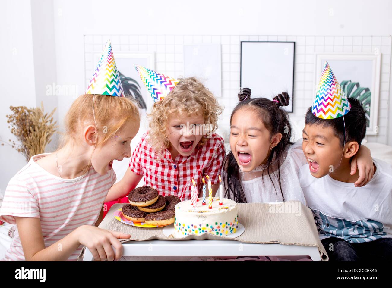 cute little kids singing songs on birthday party . close up photo.entertainment Stock Photo