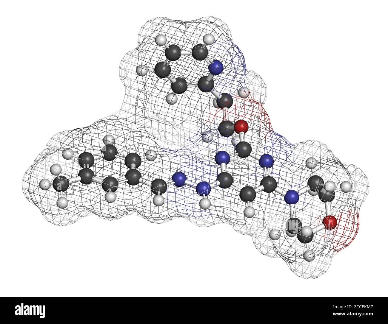 Apilimod drug molecule (PIKfyve inhibitor). 3D rendering. Atoms are ...