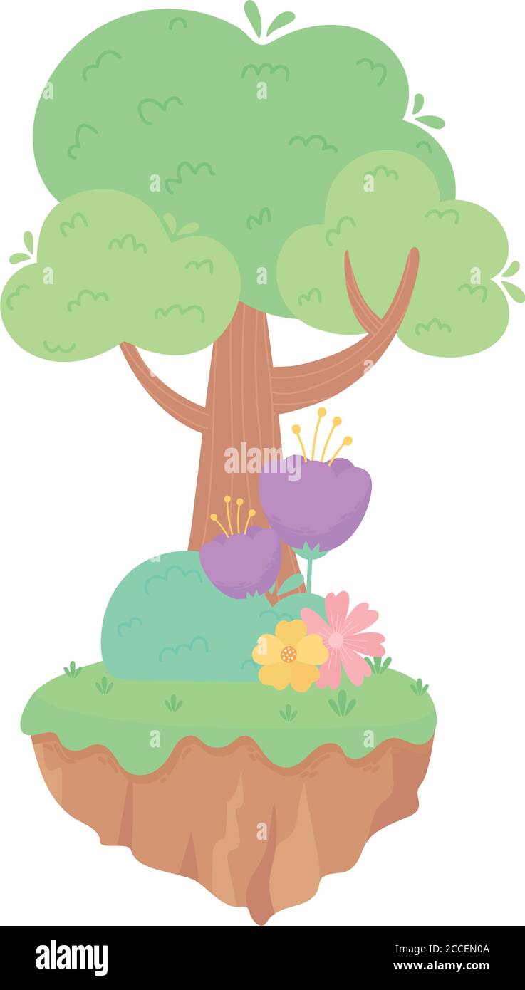 tree flowers bush nature vegetation cartoon isolated white background