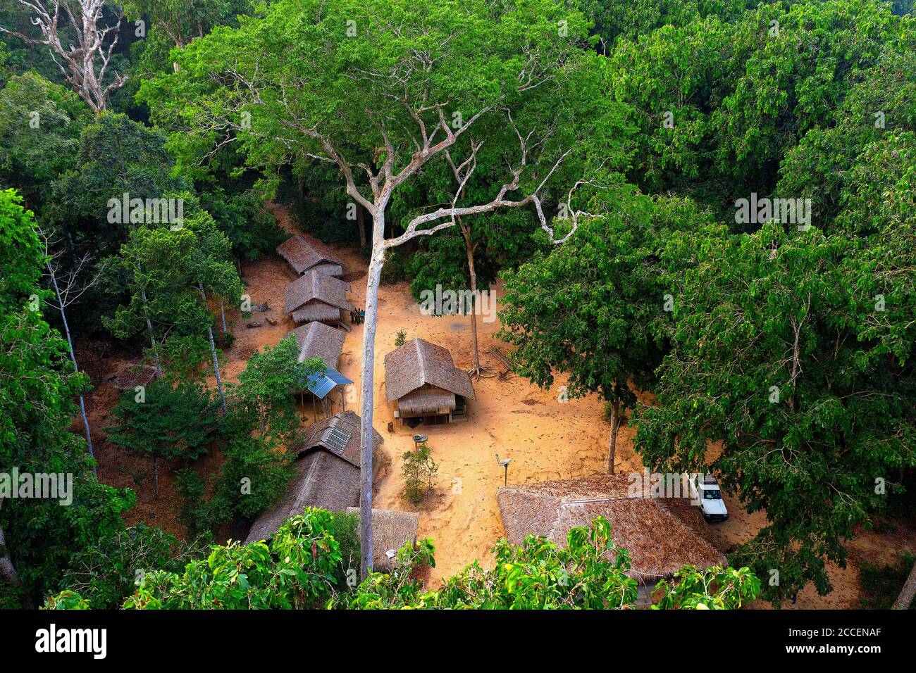 cabins of the guides and scientists in Dzanga Sangha National Park Stock Photo