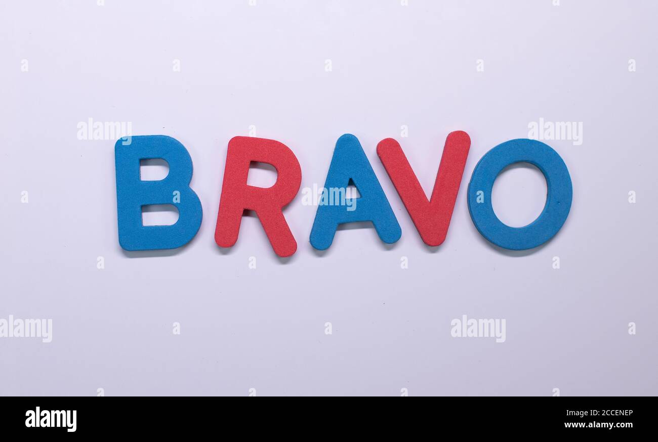 Word 'Bravo' written with color sponge Stock Photo