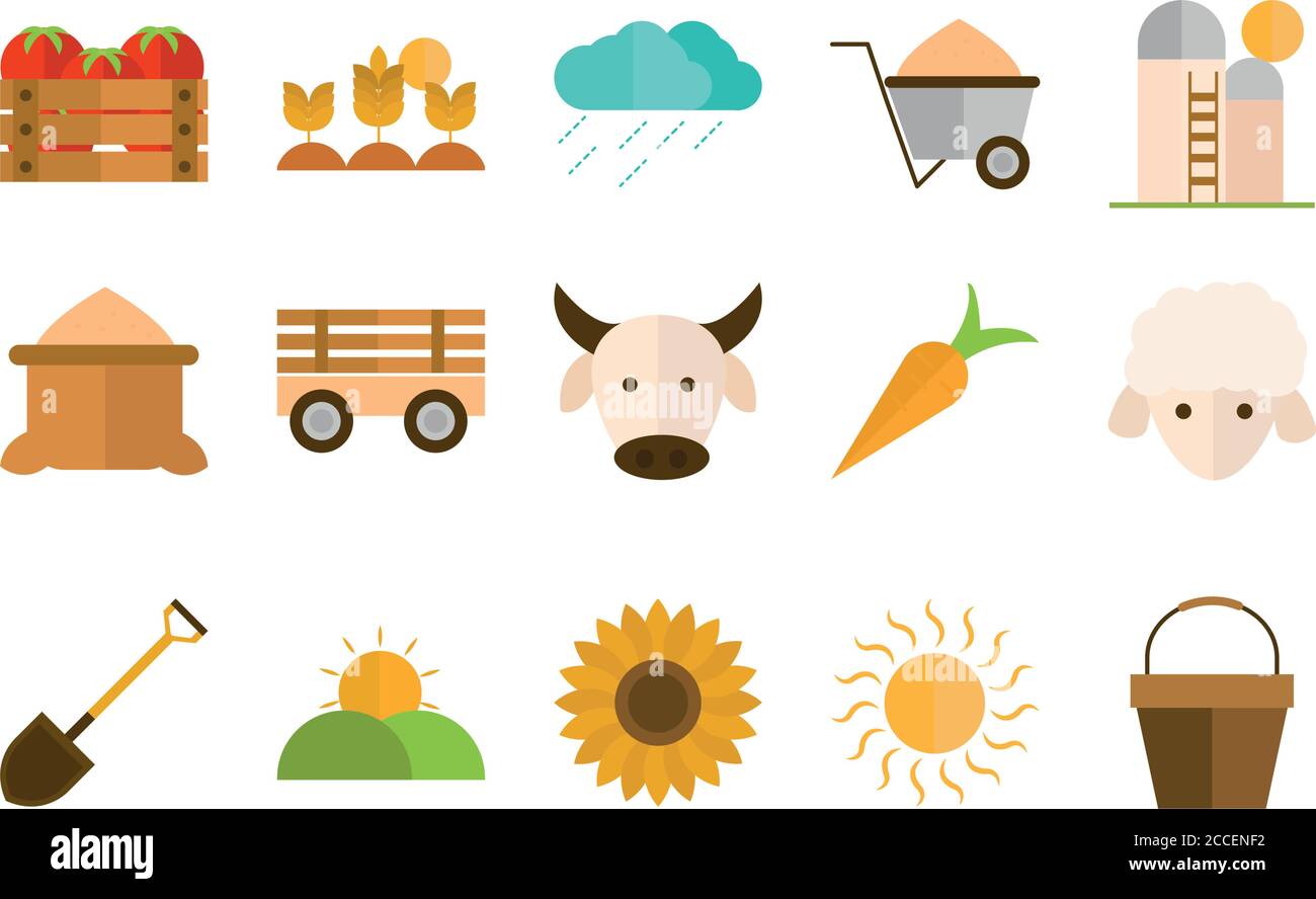 agriculture work equipment farm cartoon flat icon style vector ...