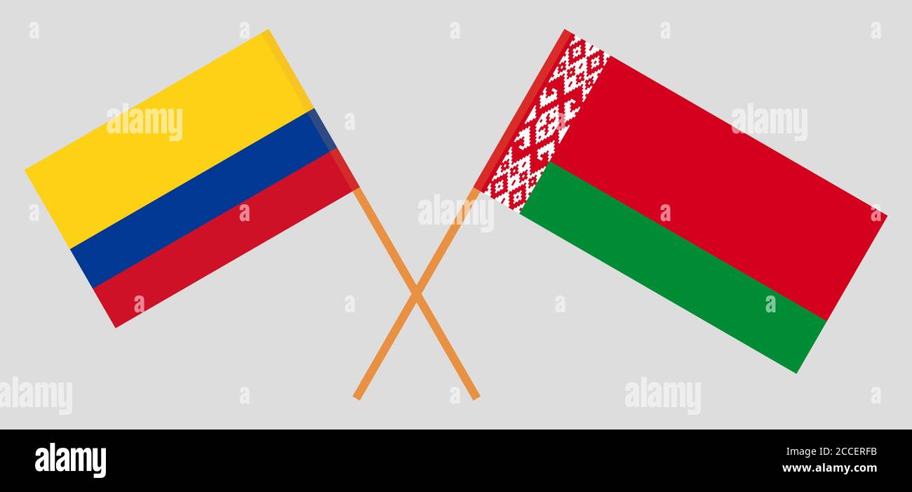 Crossed flags of Belarus and Colombia. Official colors. Correct proportion. Vector illustration Stock Vector