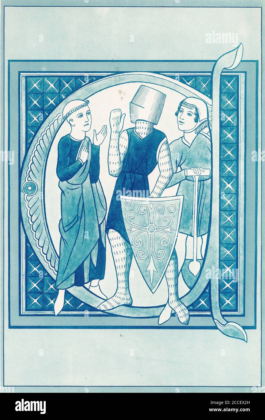 Halftone of a detail from a medieval manuscript, showing a scribe, a soldier and a peasant in a letter 'a'. From a set of school posters for history and social studies c 1930 Stock Photo