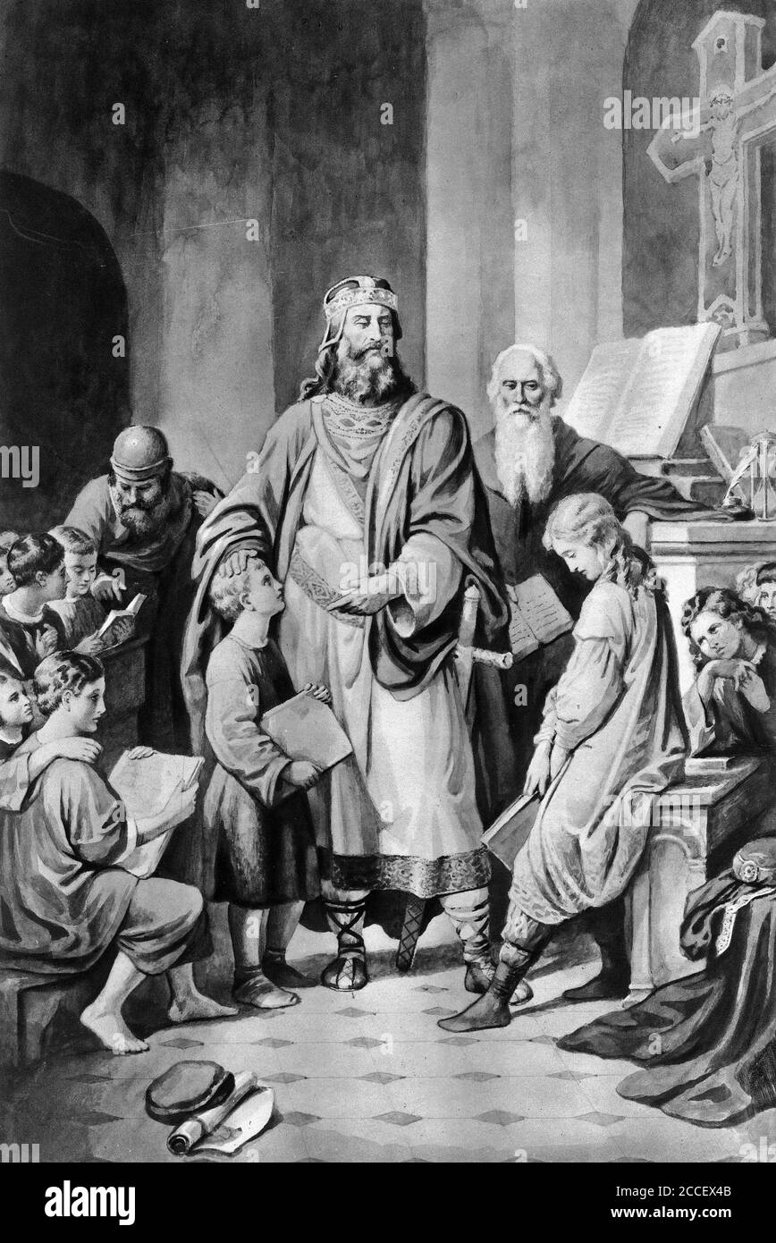 Halftone of Charlemagne and his scholars. Charlemagne was King of the