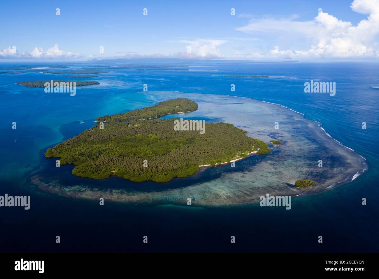 Aerial View of Islands of Balgai Bay, New Ireland, Papua New Guinea Stock Photo