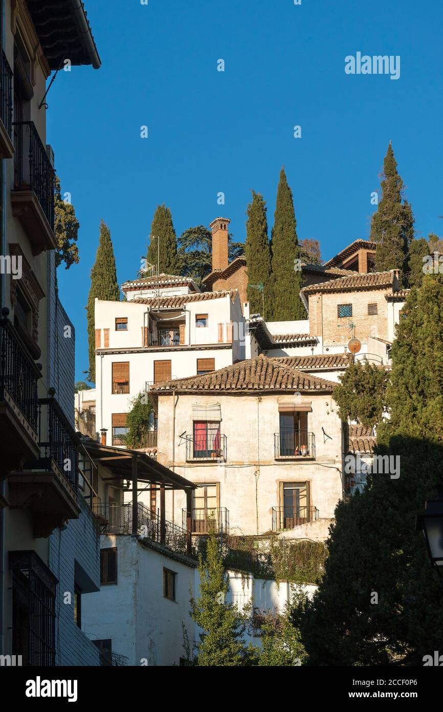 Granada (Spain), Realejo district, facades, houses on a slope Stock