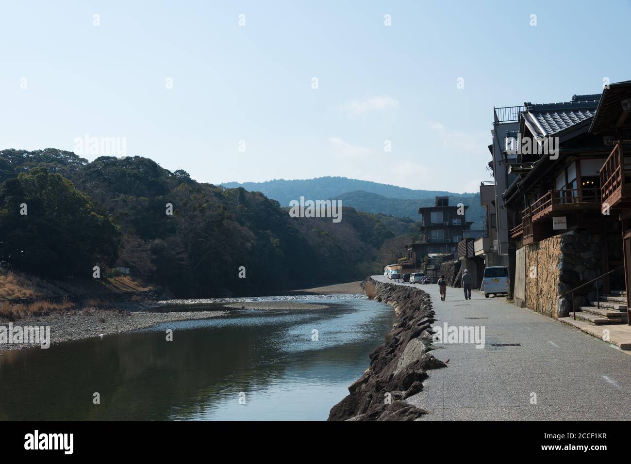 Mie, Japan - Isuzu River near Inner Shrine of Ise Grand Shrine in Ise, Mie, Japan. Stock Photo