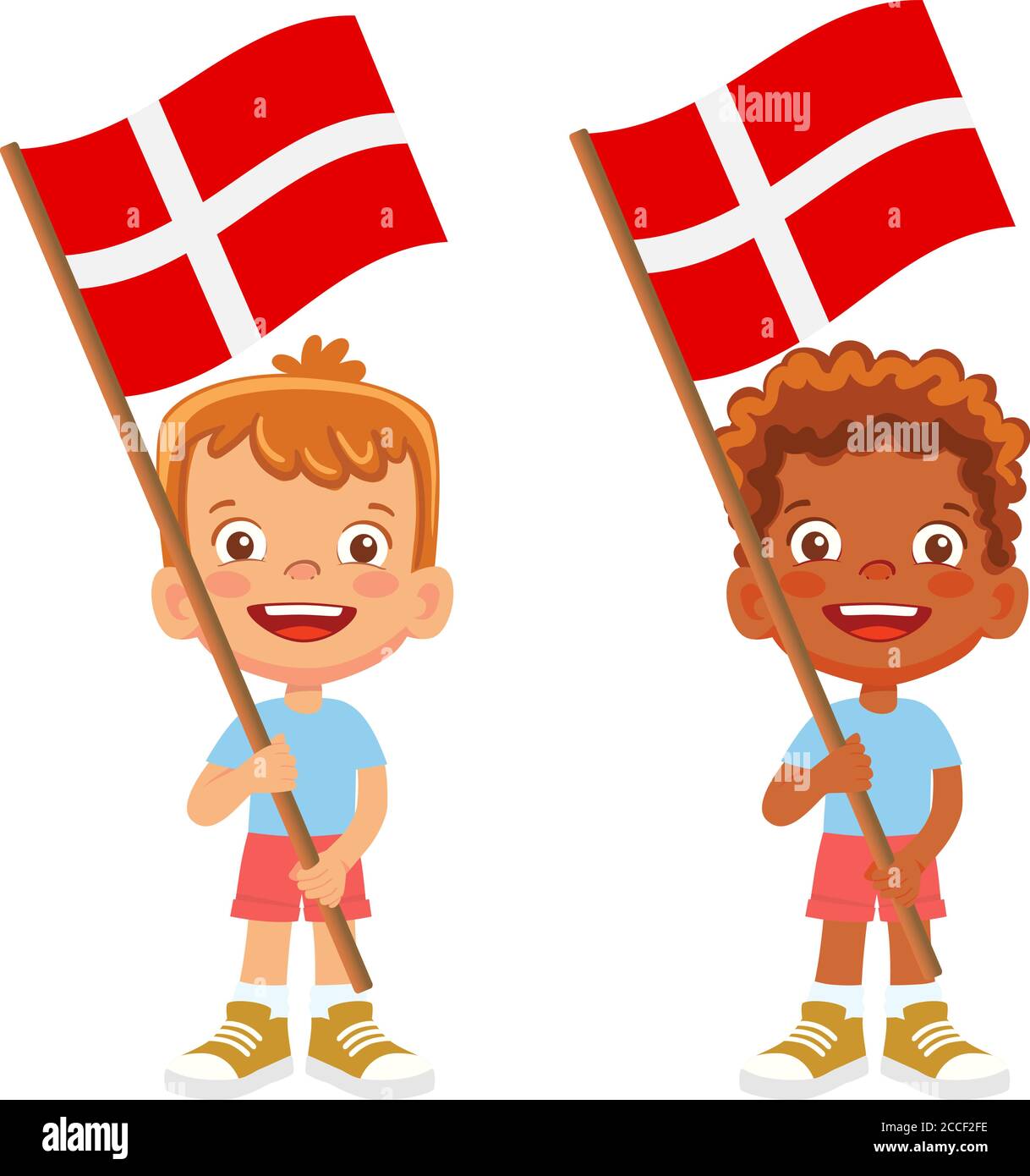 Denmark flag in hand. Children holding flag. National flag of Denmark vector Stock Vector