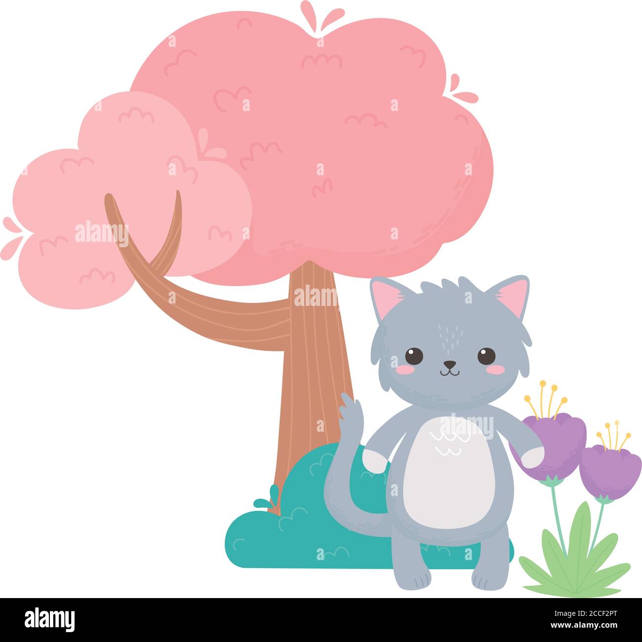 cute gray cat flowers tree bush cartoon animals in a natural landscape vector illustration Stock Vector