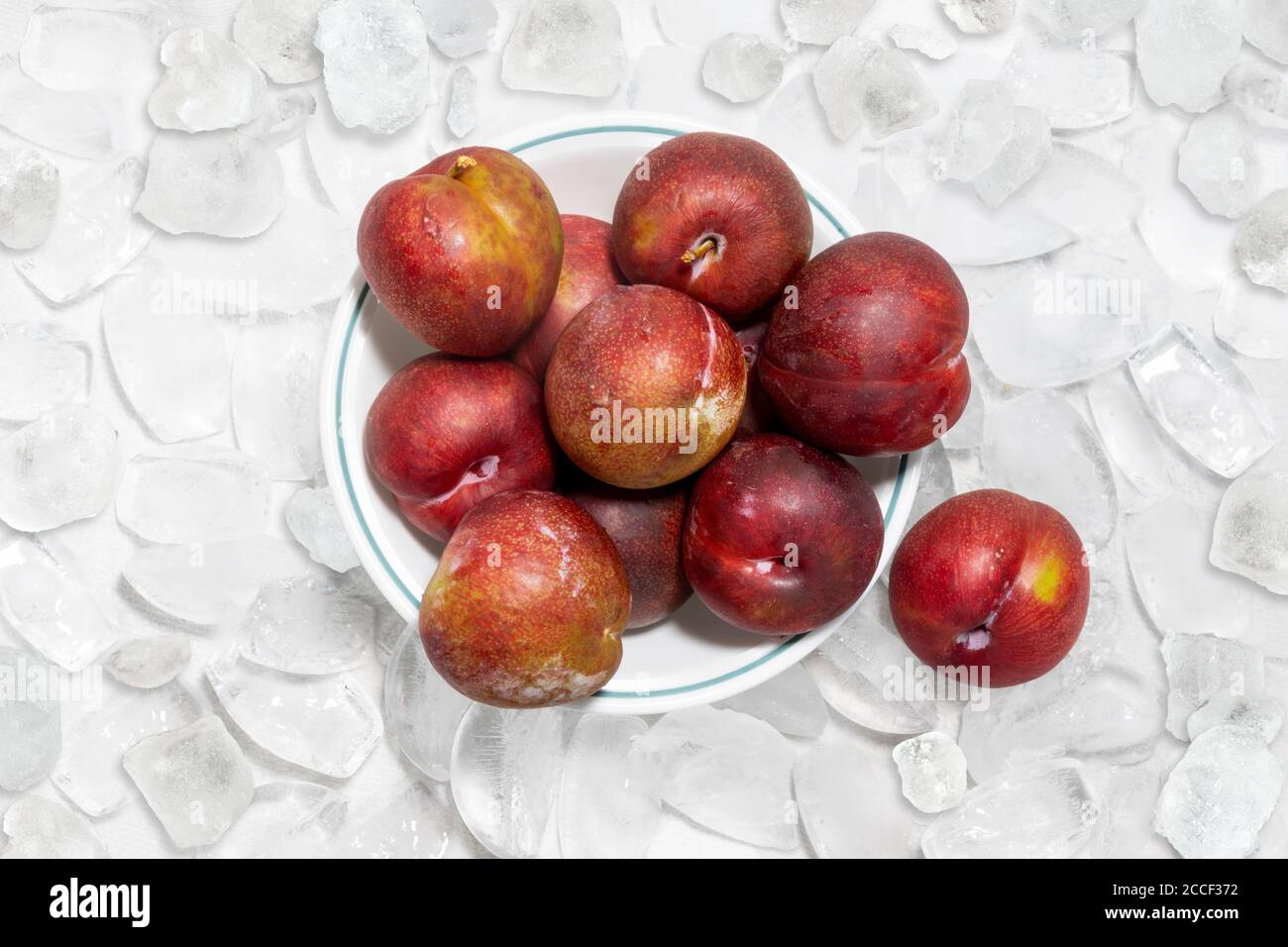 Top view of Mariposa plums in a white bowl on a background of ice cubes. Stock Photo