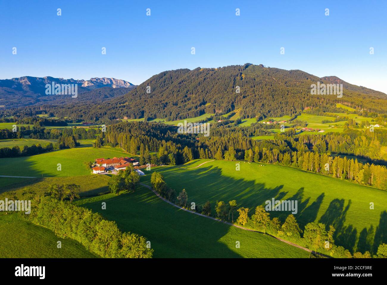 Sonnershof near Wackersberg, behind Benediktenwand, Heigelkopf and Blomberg, Isarwinkel, aerial view, Upper Bavaria, Bavaria, Germany Stock Photo