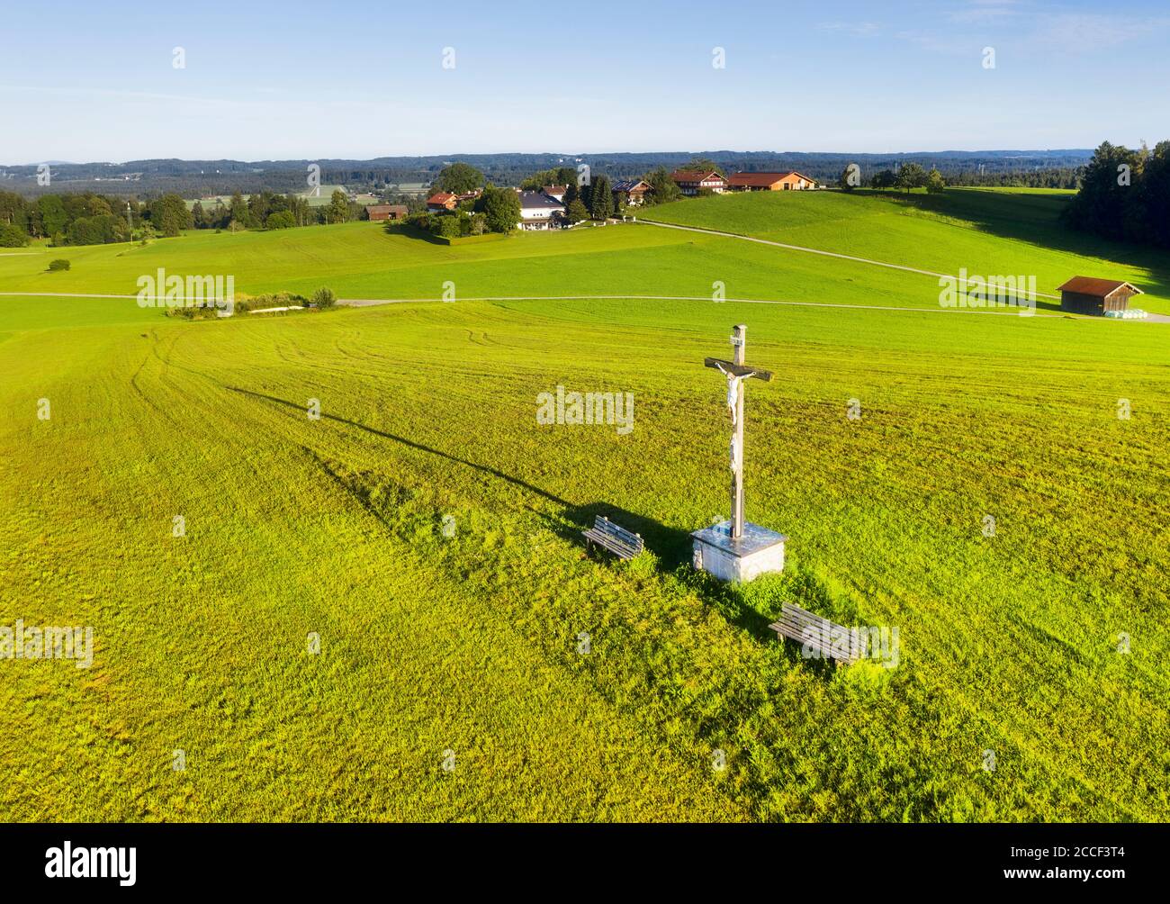 Crucifix on the Goritzleitn near Königsdorf, Tölzer Land, aerial view, Upper Bavaria, Bavaria, Germany Stock Photo